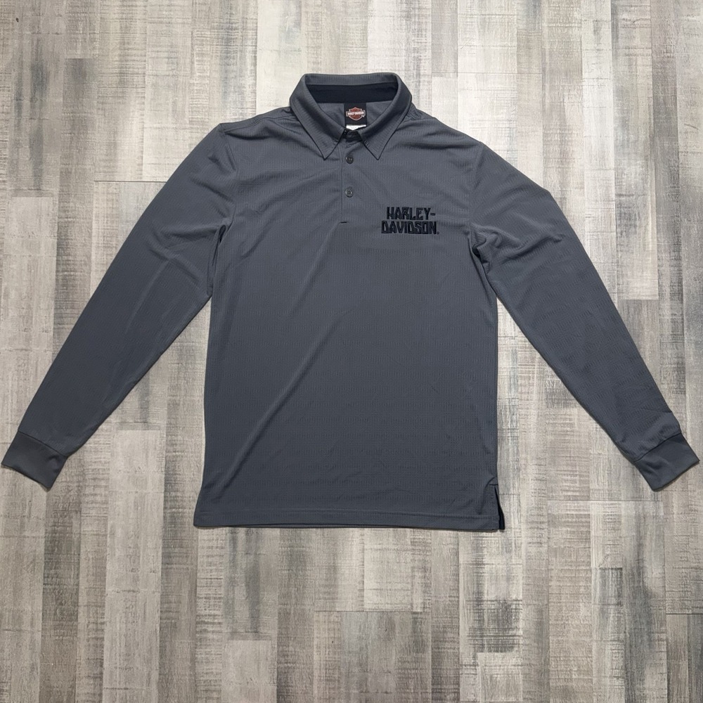 Vintage Harley Davidson Polo Shirt Mens Medium  Black Gray Long Sleeve Collared